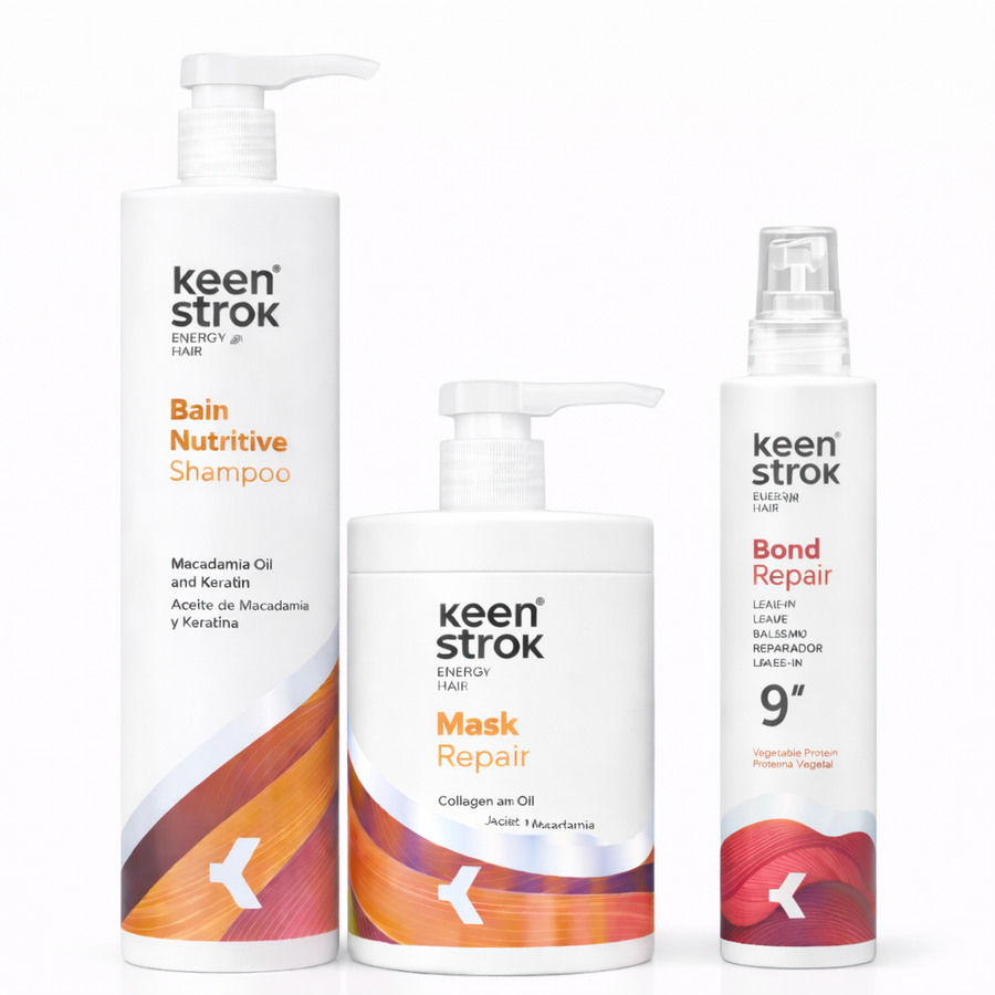 Pack Keen Strok Reparación Total Profesional | Champú 1L + Mascarilla 1kg + Reparador 9 Segundos
